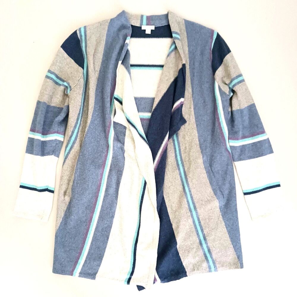 J Jill Cotton Cardigan Gray Blue Stripes Open Drape Front Pockets Sz M
